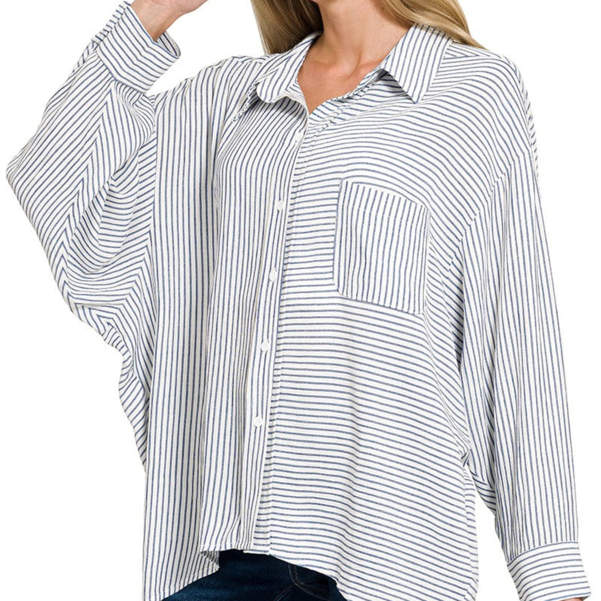 Detailed close-up of the soft woven rayon blend and crisp blue stripe pattern.