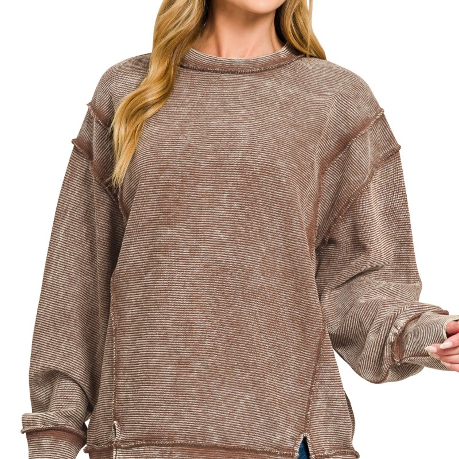 Front profile of the Zenana Brown acid-washed sweatshirt with earthy ribbed texture.