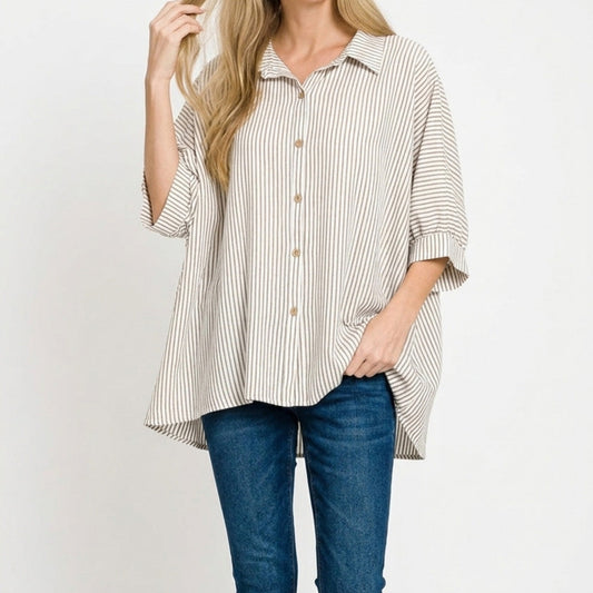 Detailed close-up of the soft woven rayon blend and realistic brown stripe pattern.
