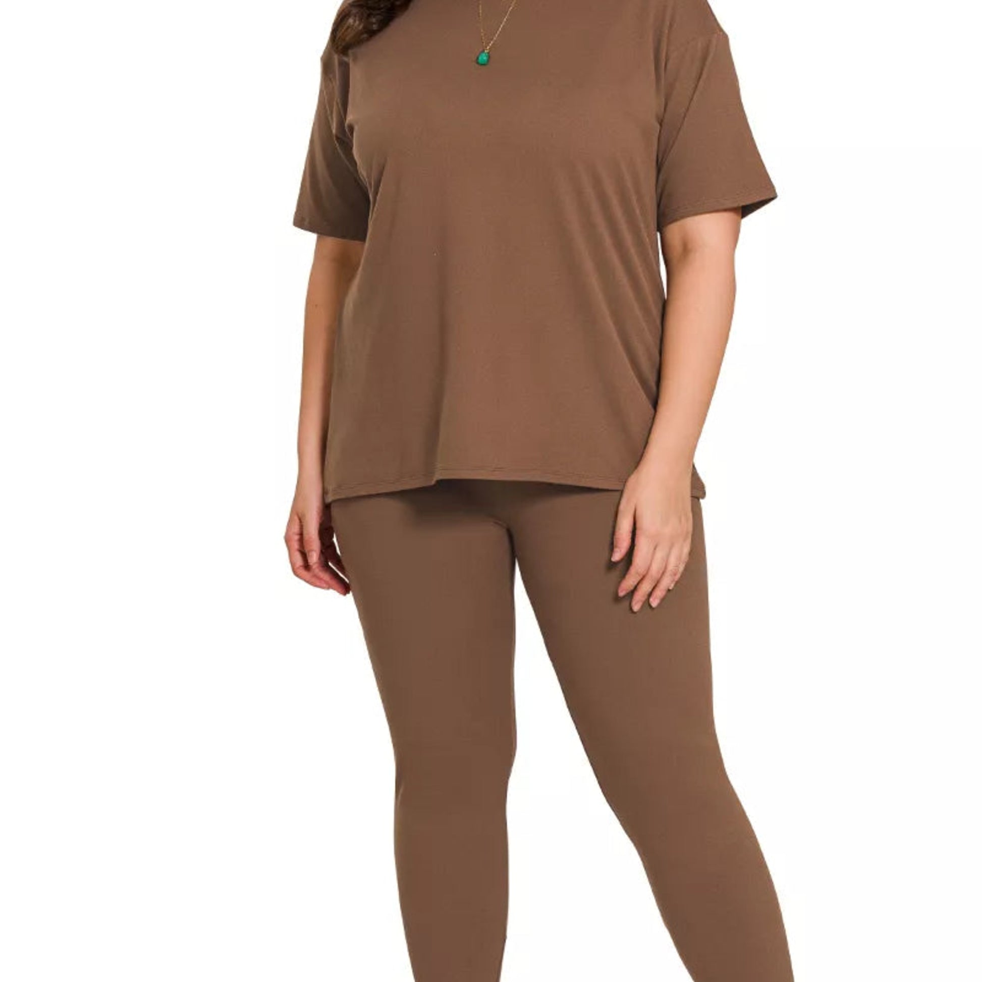 Detailed view of the soft brushed DTY microfiber texture and plus-size fit of the brown set.