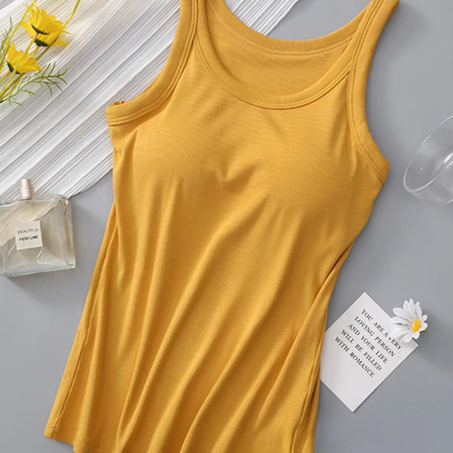 Round Neck Tank with Bra in Mustard - Lifestyle View