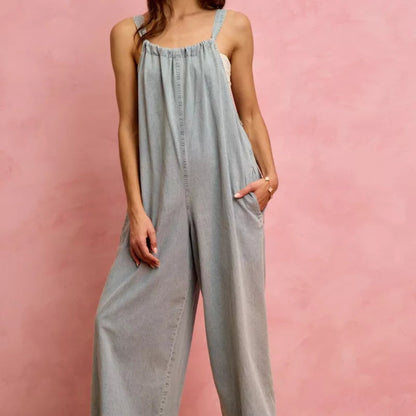 SO ME Wide Leg Lightweight Denim Overalls in Light Denim - Detail View 