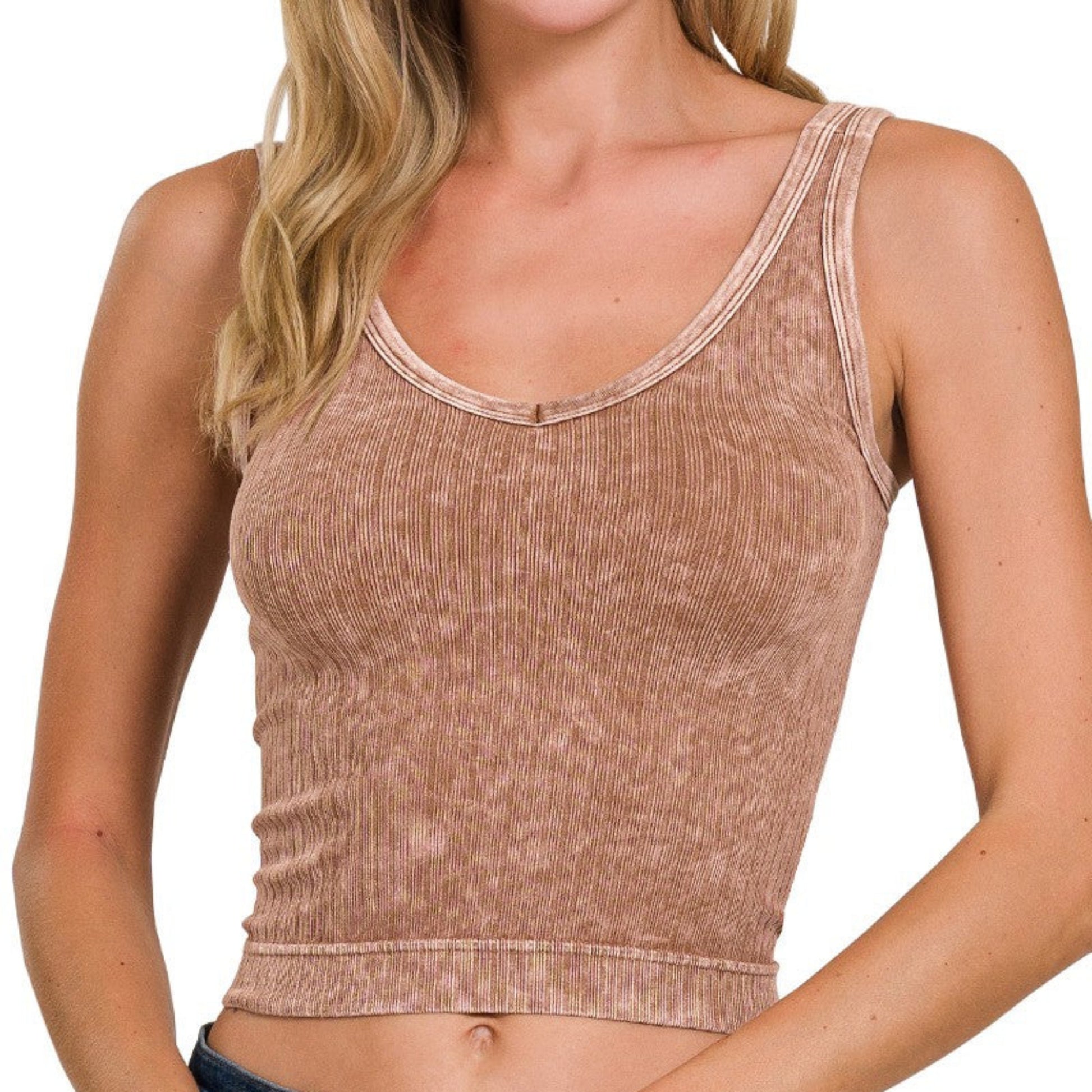 Zenana Washed Ribbed Seamless Cropped V-Neck Tank Top in Deep Camel - Front View