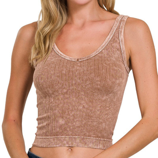 Zenana Washed Ribbed Seamless Cropped V-Neck Tank Top in Deep Camel - Front View