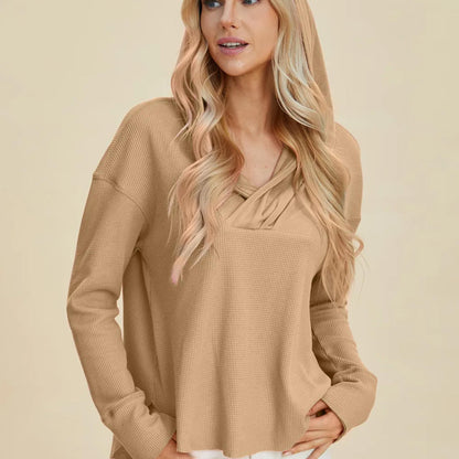 Front view of the Camel colored Double Take high-low hoodie, a sophisticated neutral for casual wear.