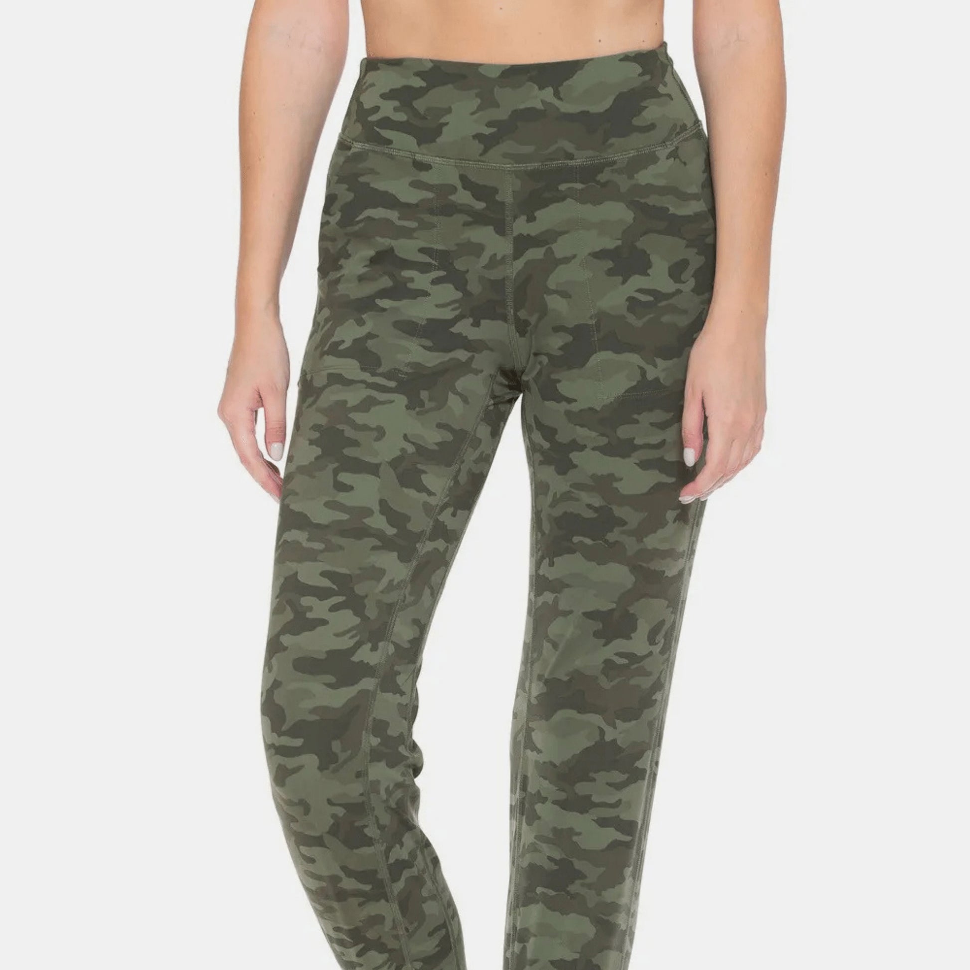 Front view of high-waist camo leggings highlighting the flattering smoothing waistband.