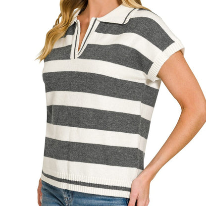 Close-up of the polished polo collar and ribbed knit detail on the charcoal striped sweater.