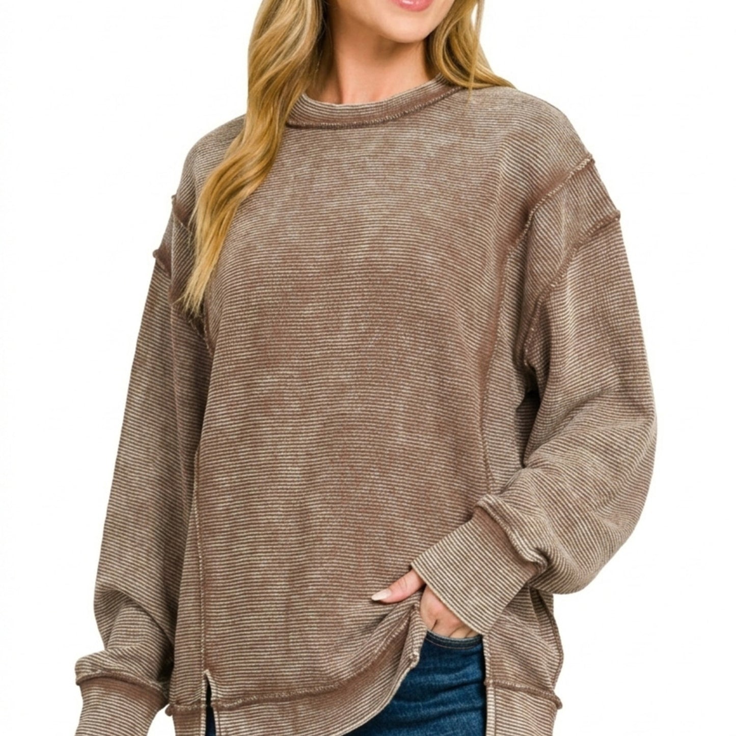 Close-up of the raw-edge seams on the Brown Zenana double-ribbed pullover.