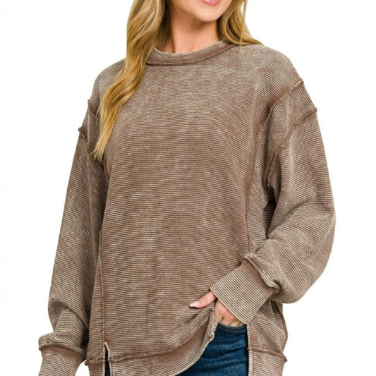 Close-up of the raw-edge seams on the Brown Zenana double-ribbed pullover.
