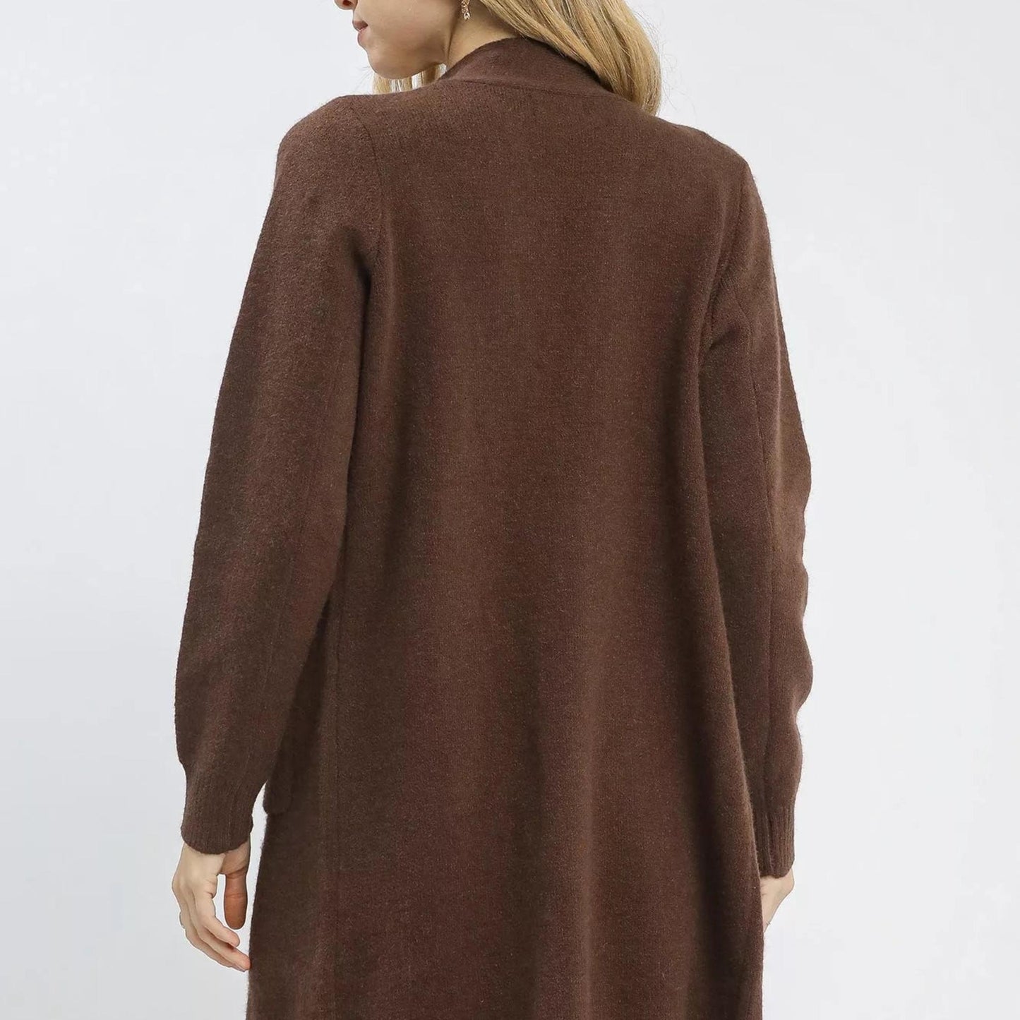 Back view of a classic brown knit longline cardigan showing the clean silhouette and high-quality fabric drape.
