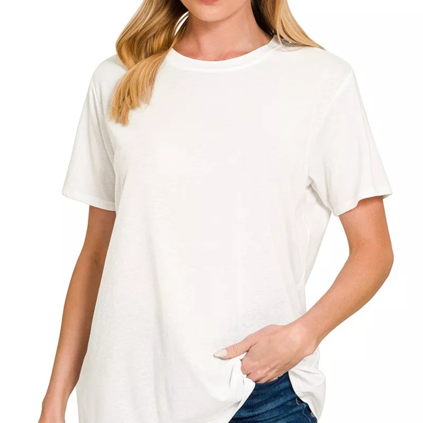 Detailed view of the high-quality 100% cotton fabric on the Zenana white boyfriend tee.