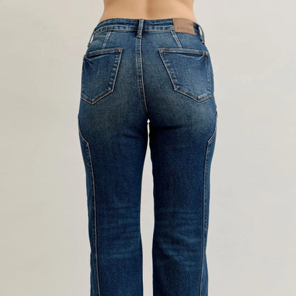 Back view of high-waist straight-leg jeans showing the classic 5-pocket design and wash.