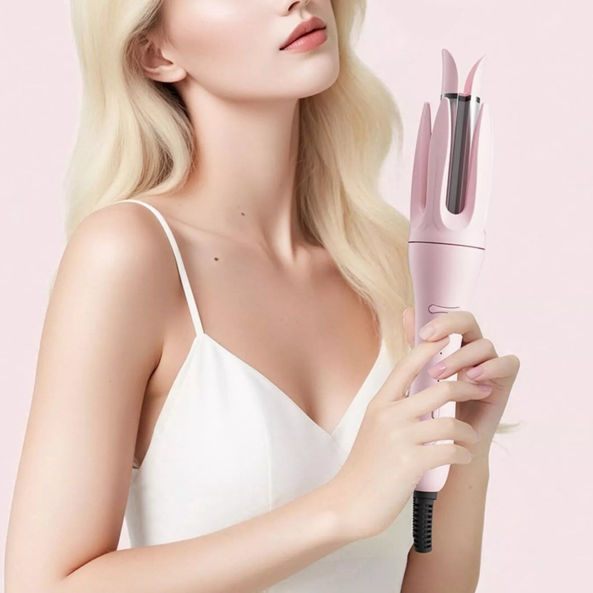 Automatic Rotating Ceramic Curling Iron in Blush Pink - Side View
