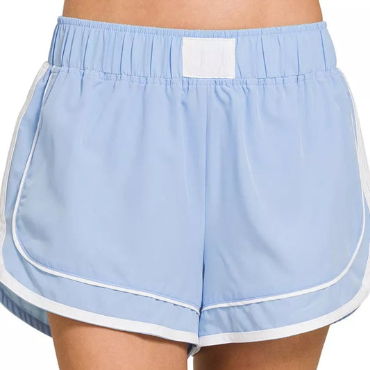 Zenana Soft Woven Lined Dolphin Shorts in Light Blue - Front View