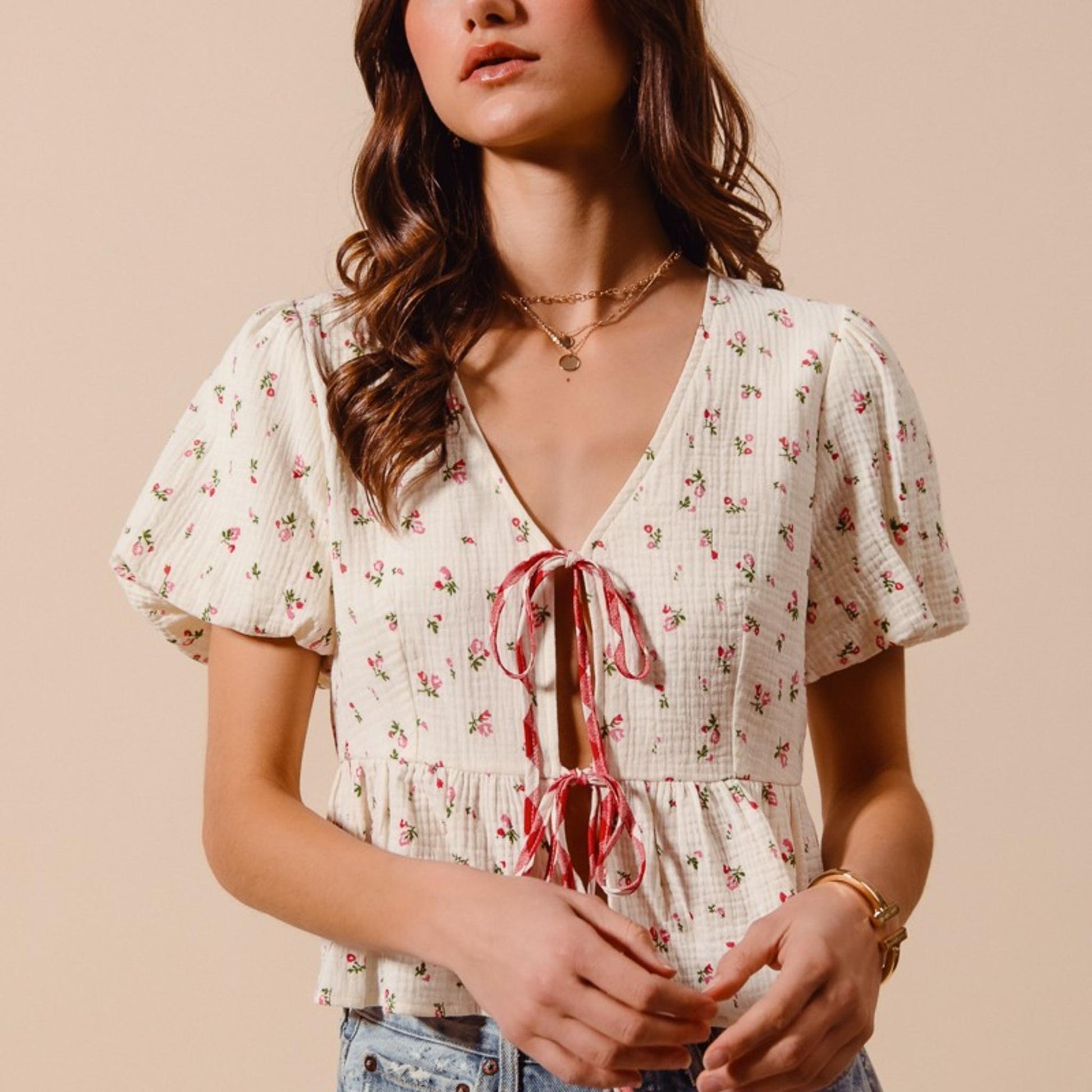 Front view of the Ditsy Floral Gauze Tie-Front Blouse in Ivory Red Check featuring a flirty front tie detail.