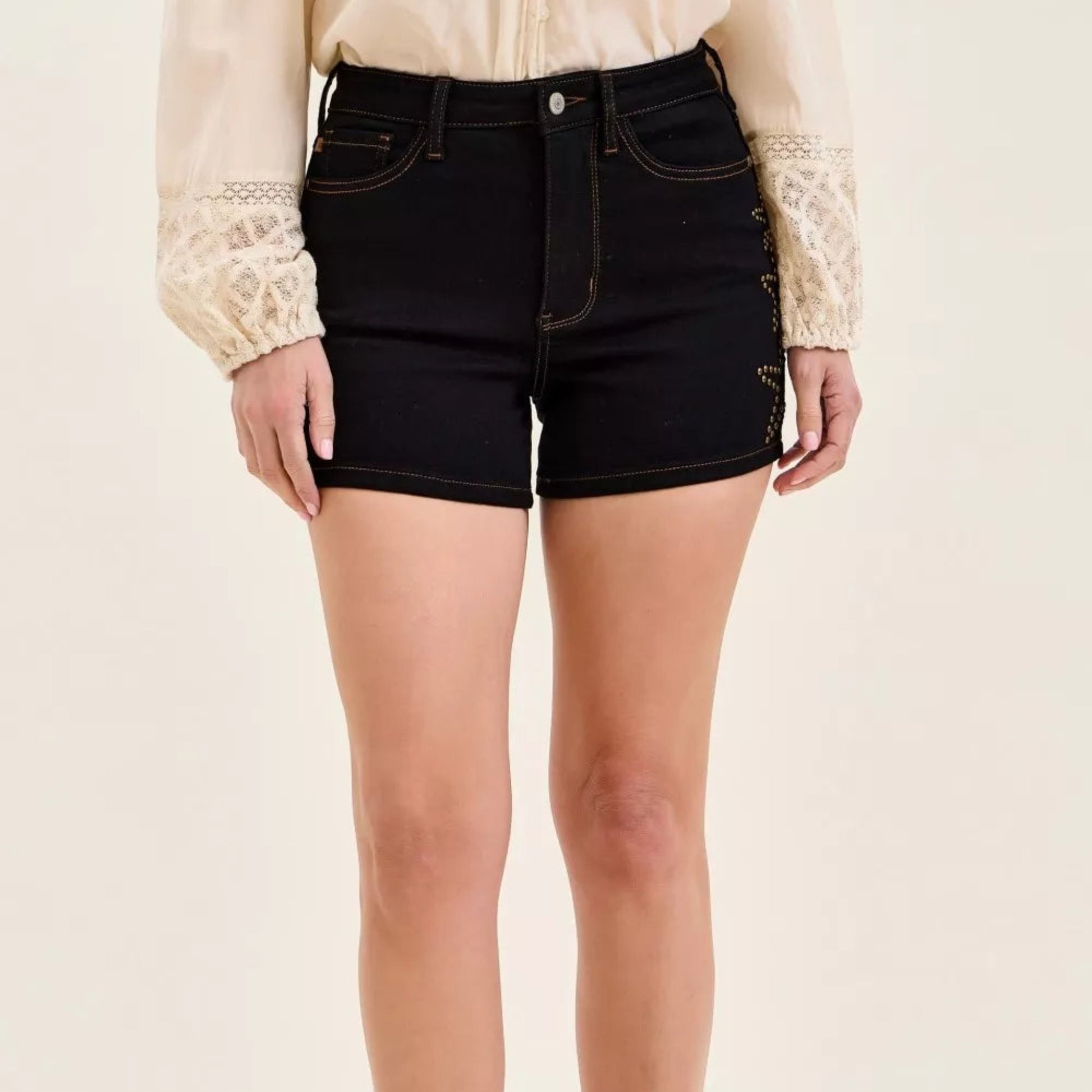 Judy Blue High Waist Slim Star Studded Denim Shorts in Black - Front View