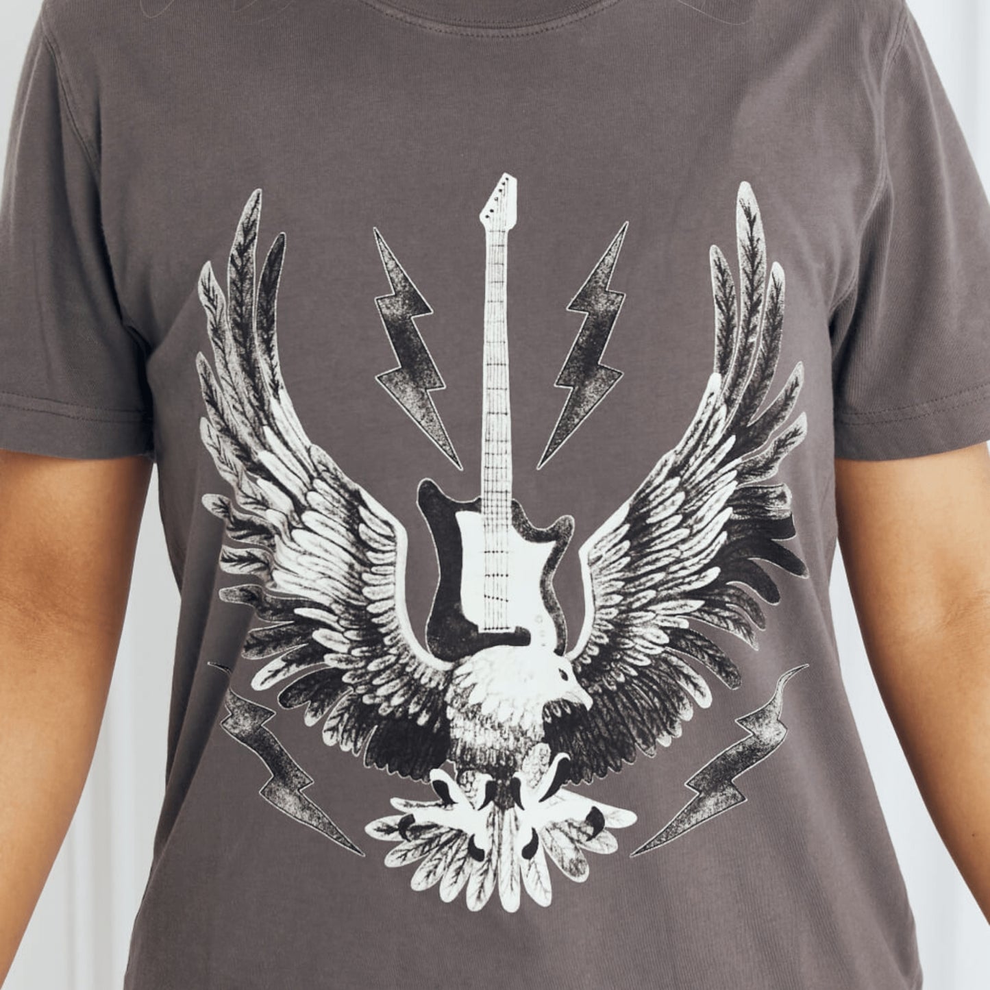 Complete boutique presentation of the mineB eagle tee in charcoal grey.