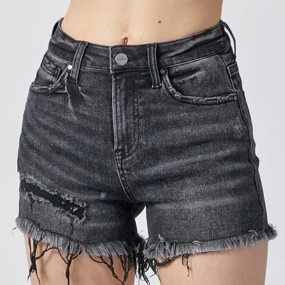 RISEN Raw Hem Denim Shorts with Pockets in Black - Front View