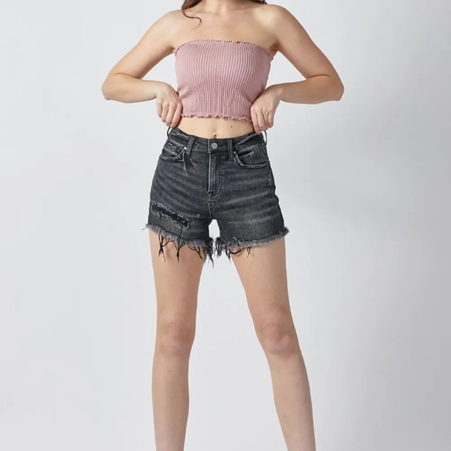 RISEN Raw Hem Denim Shorts with Pockets in Black - Lifestyle View 2