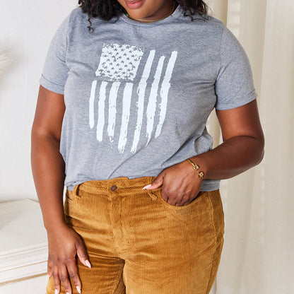 Simply Love US Flag Graphic Cuffed Sleeve T-Shirt in Gray - Lifestyle View 3 