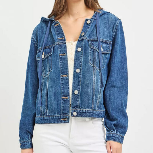 RISEN Hooded Denim Jacket in Medium Wash - Front View