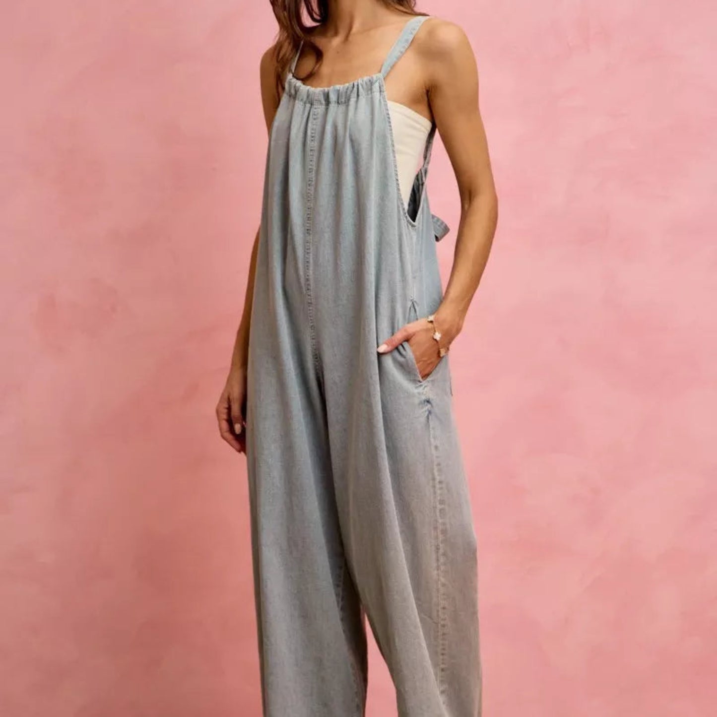 SO ME Wide Leg Lightweight Denim Overalls in Light Denim - Side View 