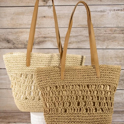 Front view of the Fame intricate straw braided large tote bag in Khaki with brown handles.