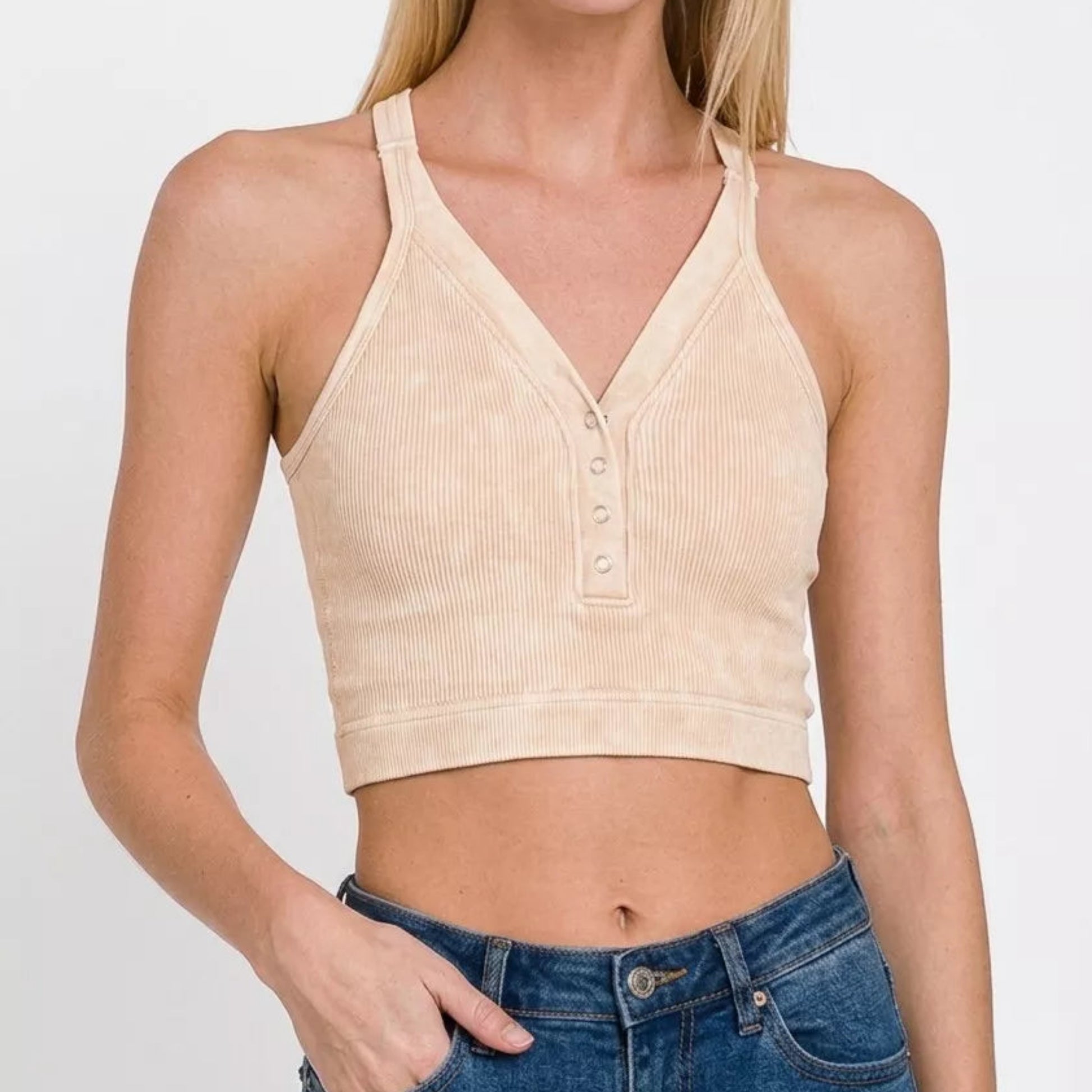 Zenana Washed Ribbed Seamless Button V-Neck Tank Top in Sand Beige - Detail View