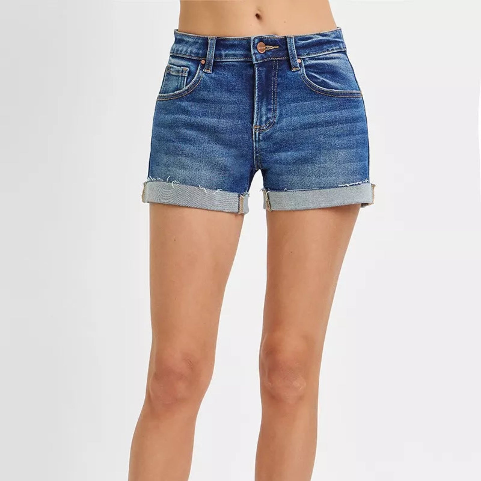 RISEN Low Rise Cuffed Denim Shorts in Dark Wash - Lifestyle View 2 