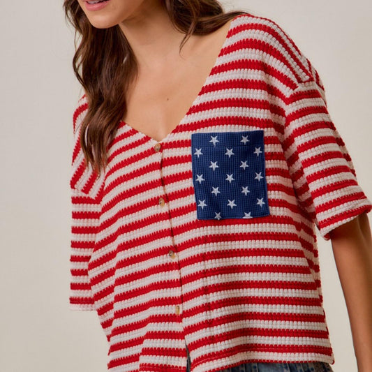 Full styling of the SO ME patriotic cardigan top for a Fourth of July celebration.
