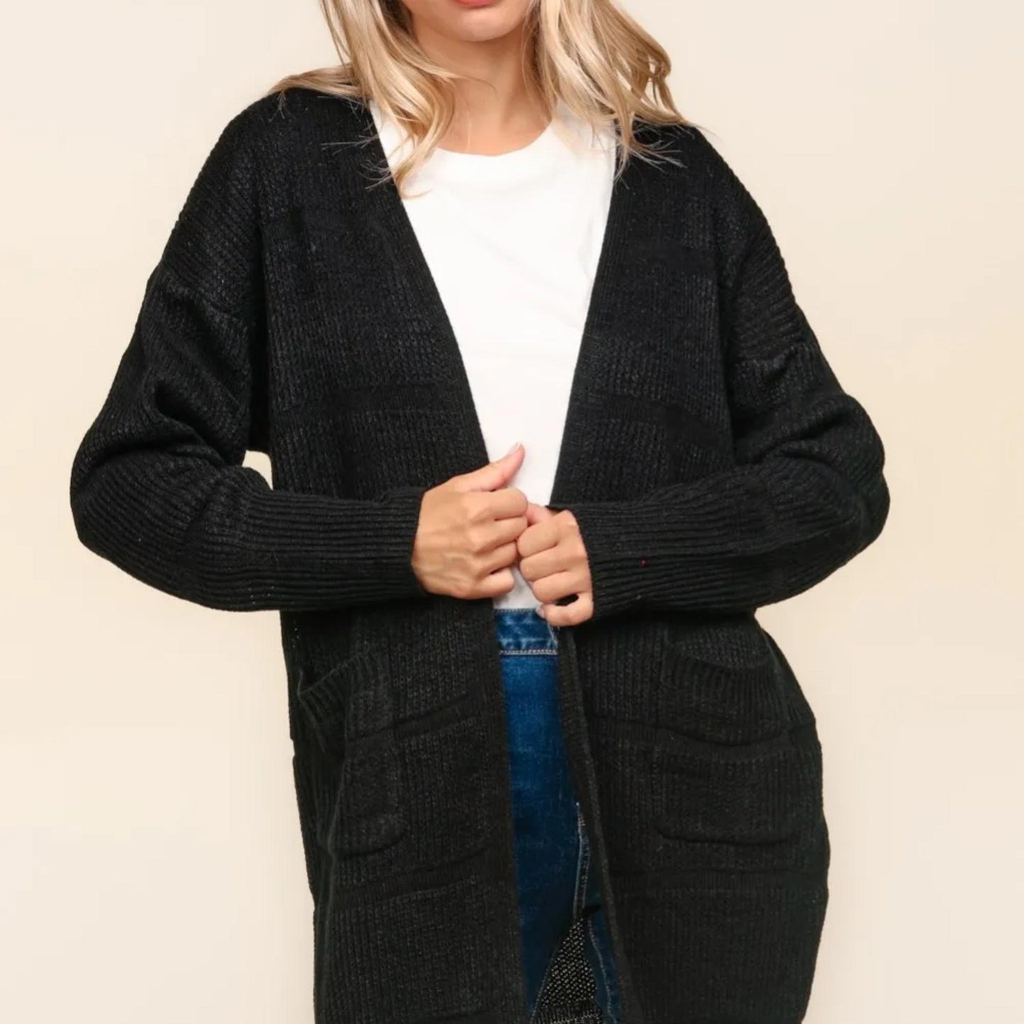 Front view of the Haptics solid black striped textured open front cardigan.