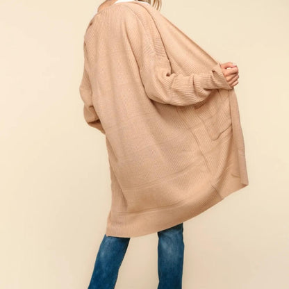 Back view of the Haptics Taupe cardigan showing the comfortable, relaxed fit.