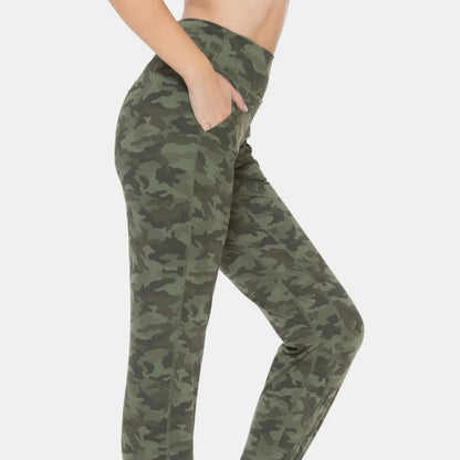 Side profile of camouflage leggings showing the sleek, body-contouring fit and opaque fabric.