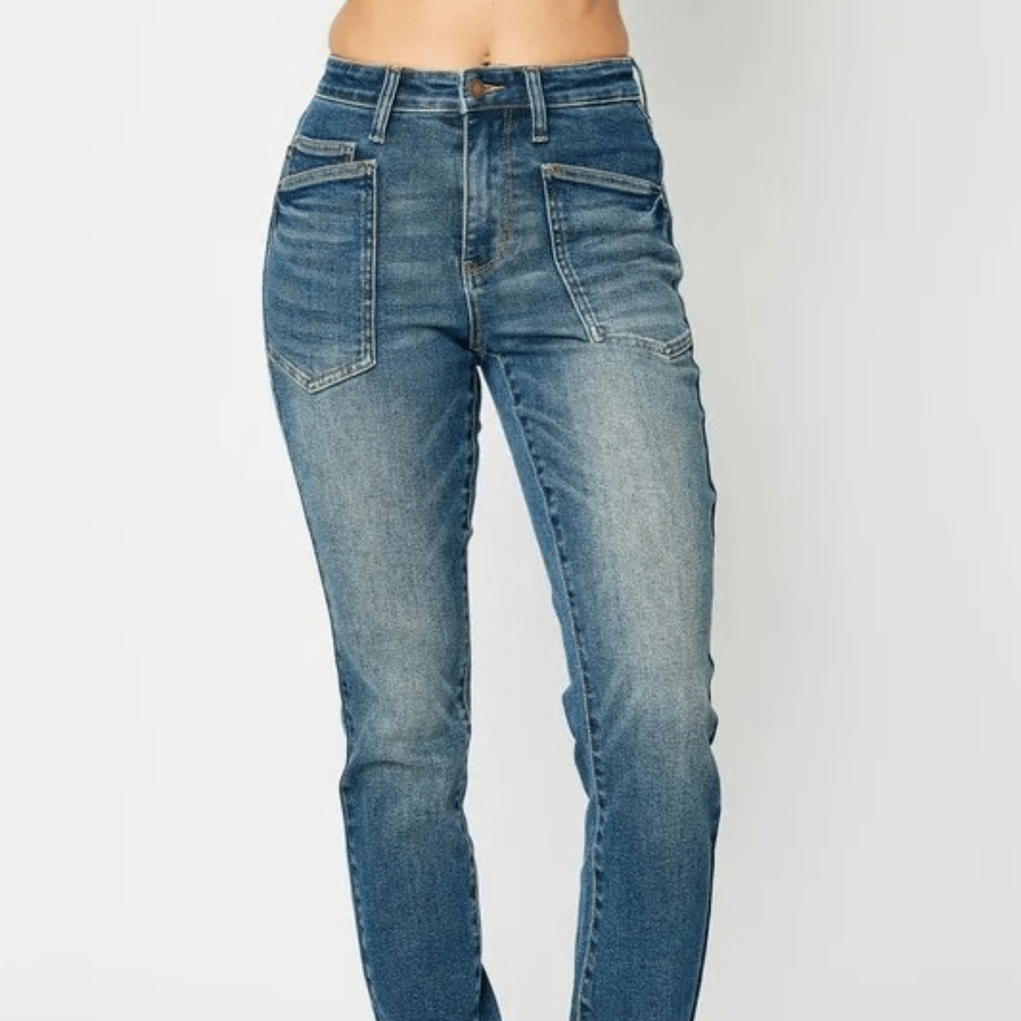 Front view of high-rise skinny denim showing the slimming fit.