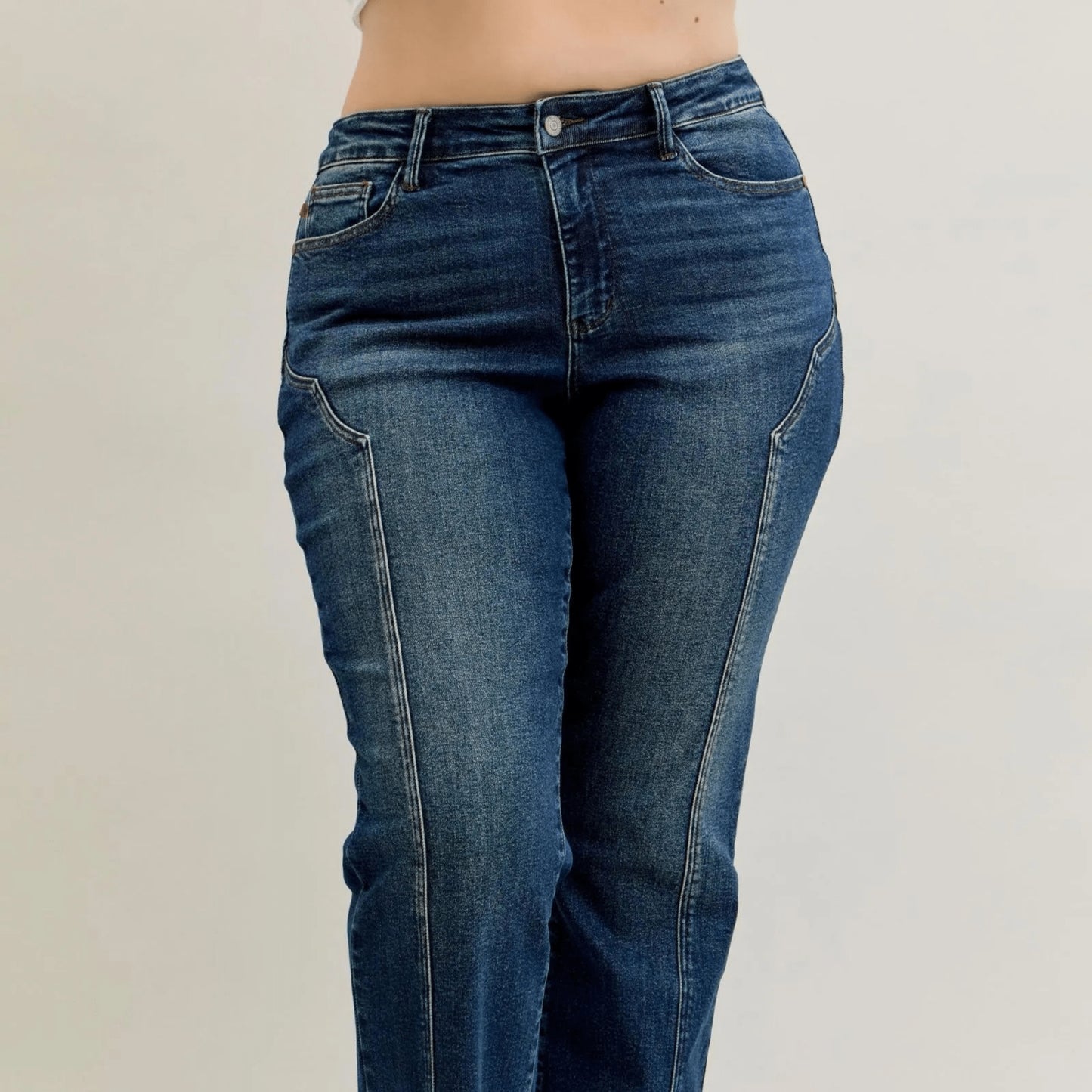 Front view of dark wash Judy Blue jeans highlighting the flattering high-rise fit and seam accents.