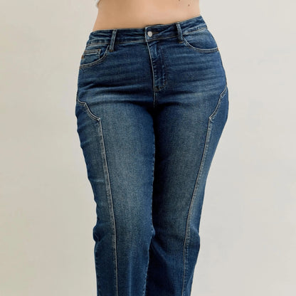 Front view of dark wash Judy Blue jeans highlighting the flattering high-rise fit and seam accents.