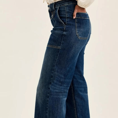 Side profile of Judy Blue wide-leg crop denim highlighting the high-waist fit.