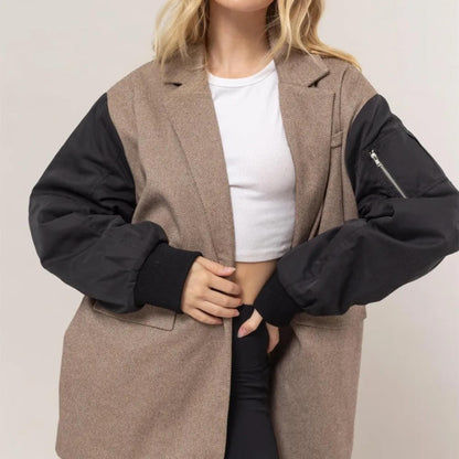 Front view of the HYFVE Brown herringbone mixed media contrast long sleeve blazer.