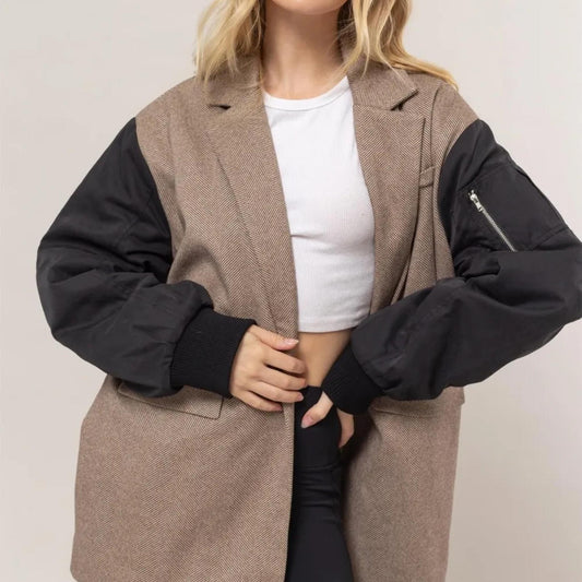 Front view of the HYFVE Brown herringbone mixed media contrast long sleeve blazer.