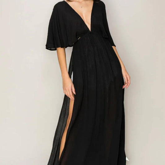 Front view of the HYFVE Black tie back maxi split cover up dress.
