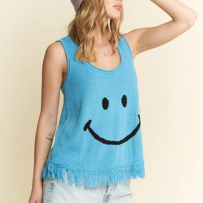 Final model view of the Jade By Jane turquoise sleeveless fringe top.