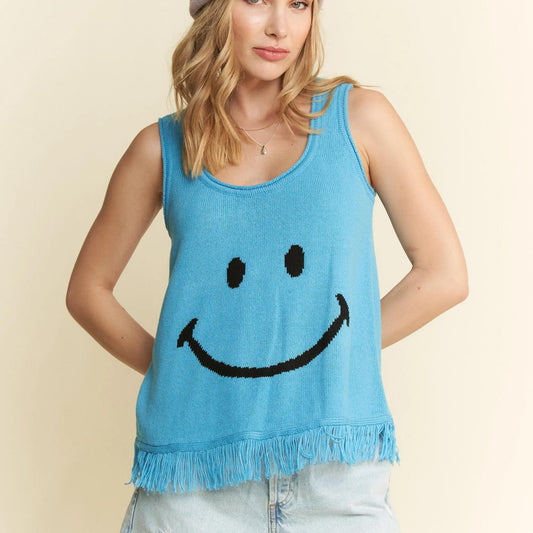 Front view of the Jade By Jane turquoise smiley face fringe tank.