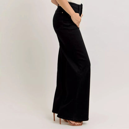 Judy Blue high-waisted wide leg jeans in black with a structured silhouette.