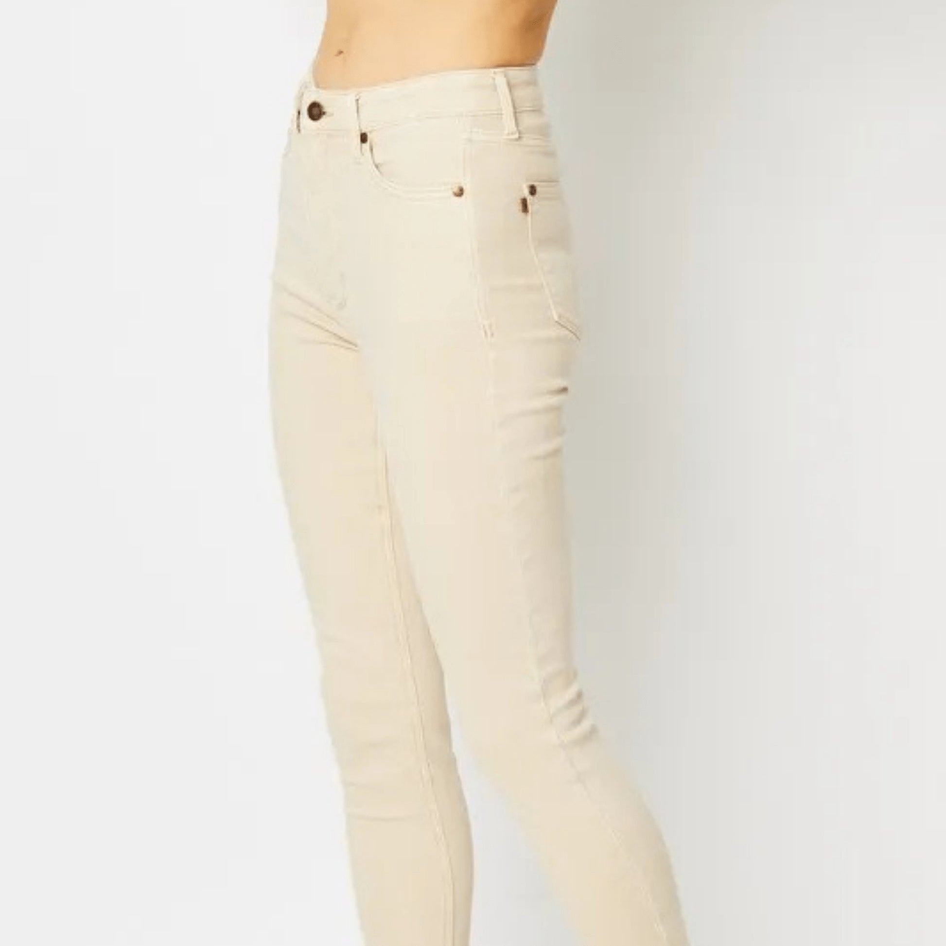 Frontal display of the Bone garment dyed tummy control skinny jeans.