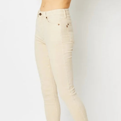 Frontal display of the Bone garment dyed tummy control skinny jeans.