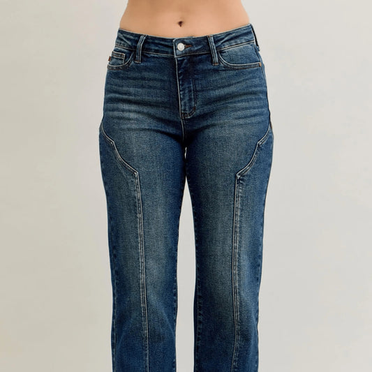Judy Blue high-waist straight-leg jeans in a dark wash featuring vertical side seam details.