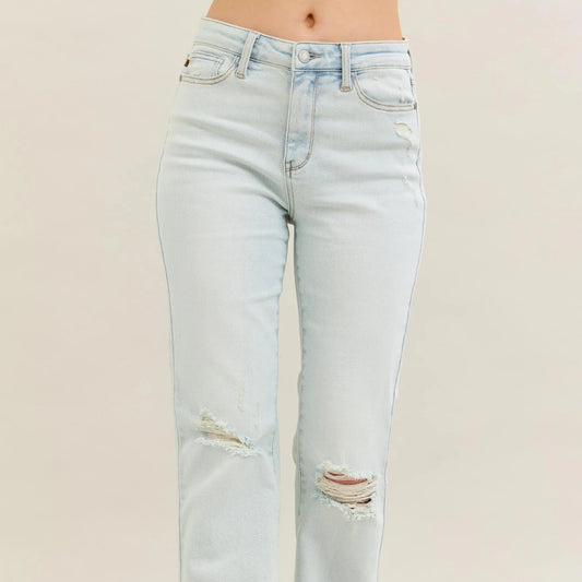 Front view of Judy Blue high-waist destroy fray hem bootcut jeans.