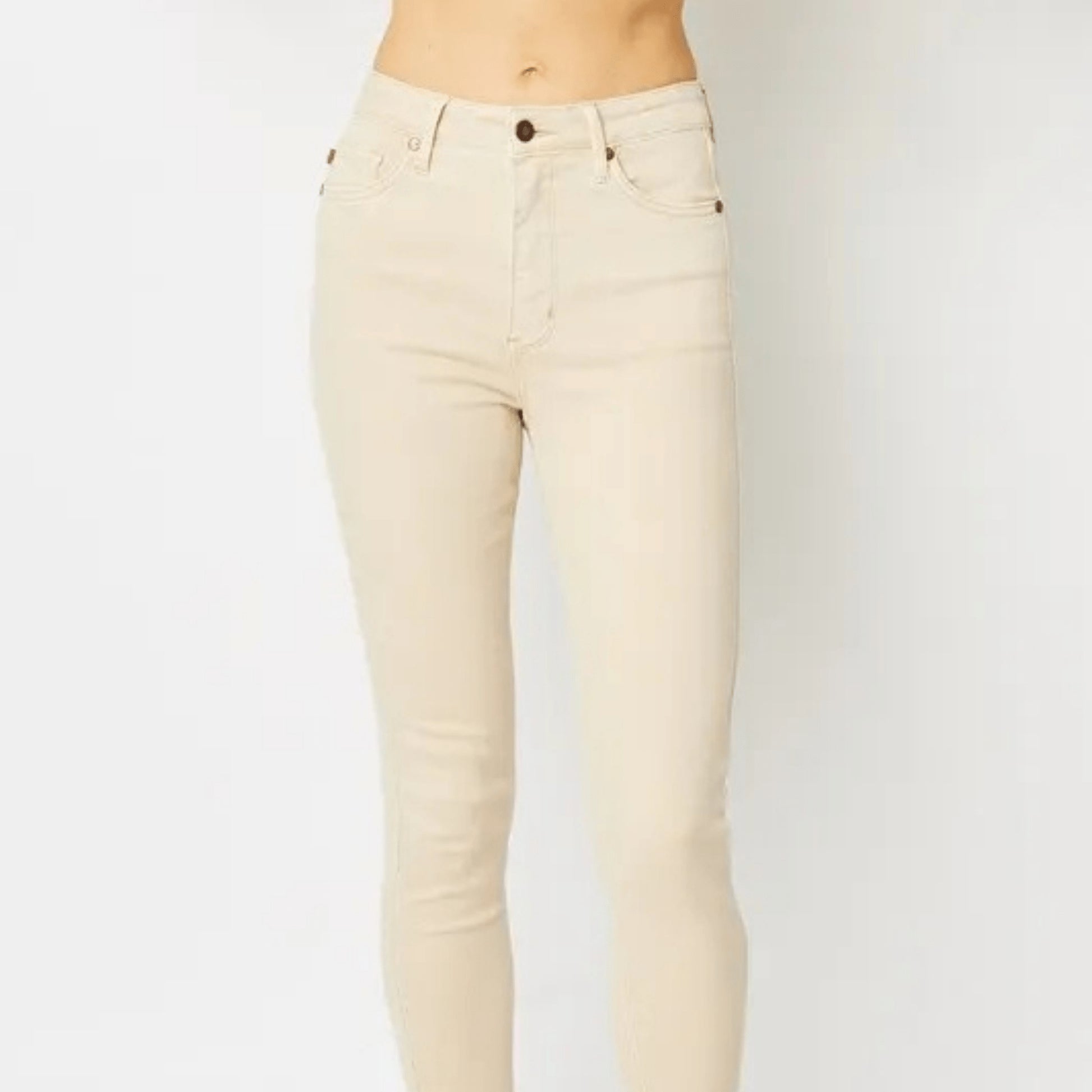 Full view of Judy Blue garment dyed tummy control skinny jeans in Bone.