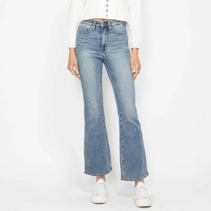 Judy Blue tummy control bootcut jeans in a medium wash with embroidered pockets.