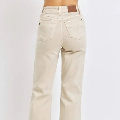 Back view of high-waist bone-colored wide-leg jeans.